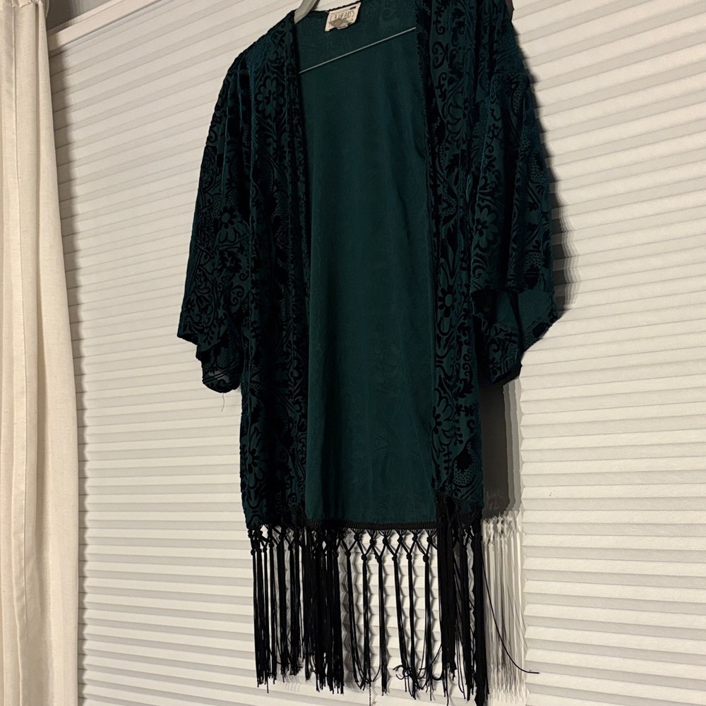Buckle Teal and Black Fringe Kimono